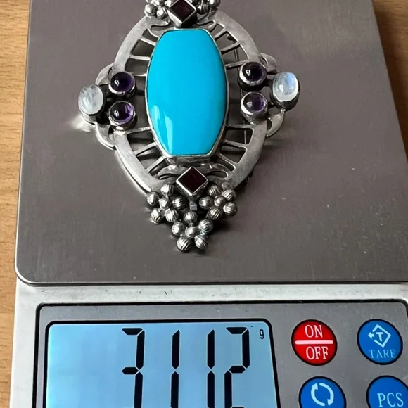 HUGE VINTAGE TURQUOISE AMETHYST GARNET MOONSTONE PENDANT PIN BROOCH 925STERLING